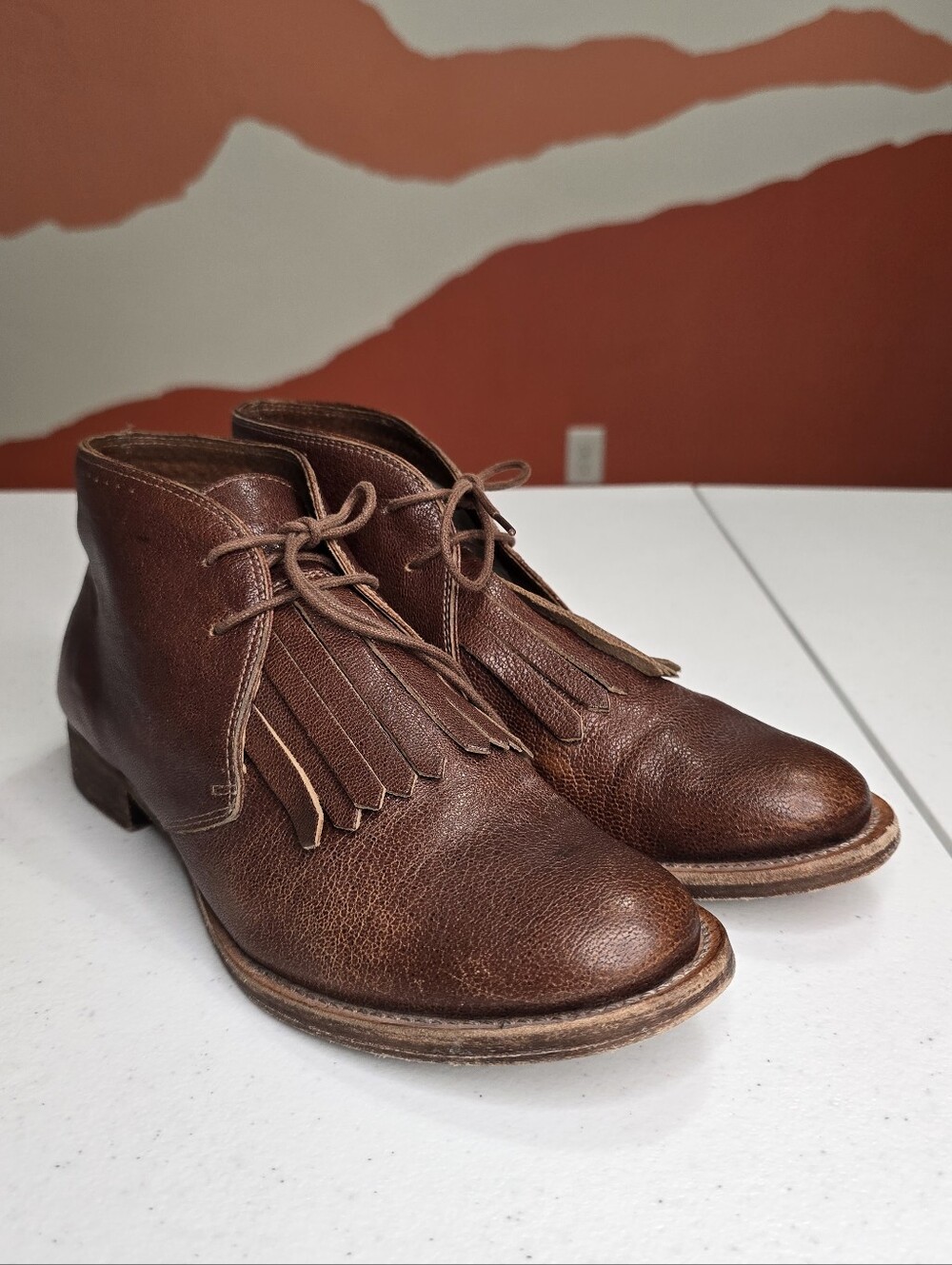 The Great. Boxcar Fringe Lace Up Bootie Cognac Brown Women's 7.5 Leather Preppy